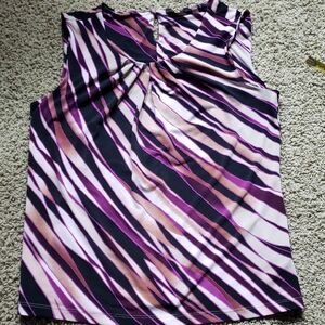 Striped Purple, Black, White, Brown & Cream Sleeveless Blouse